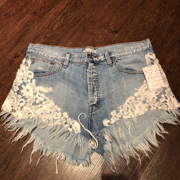 Free People Pants - Free People We the Free Lace Frayed Denim Shorts
